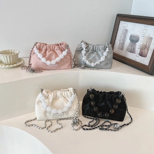 Velvet dumpling bucket bag with large pearl handle and metal chain in four colors