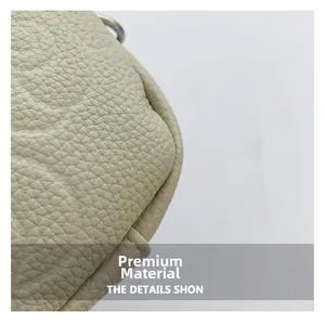 Close-up of premium lychee pattern fabric and silver hardware on cream square bag