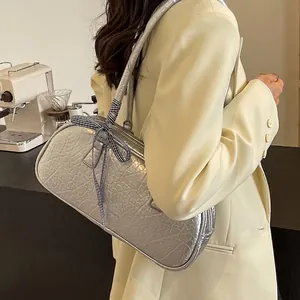 Women Underarm Bag PU Leather Crackle Texture Large Capacity Shoulder Handbag With Lattice Ribbon Bow Chic Urban