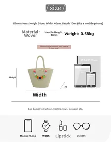 Detailed size chart of woven beach tote showing dimensions 28x40x10cm and pom-pom decor