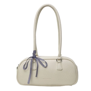 Minimalist cream white underarm bag with stone texture and checkered ribbon detail