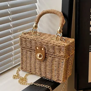 Woven Straw Box Handbag With Top Handle Chain Strap PU Leather Twist Lock Crossbody Beach Vacation Summer Bag Women
