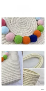 Detail showing the white woven texture and colorful pompom accents of this beach tote