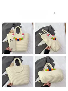 Detail shots of cream woven tote bag with colorful pom-poms from four angles