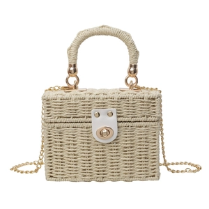Handmade woven straw square handbag with white leather lock and gold chain strap