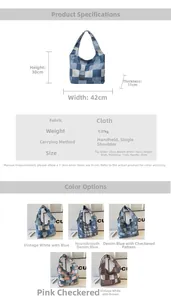 Size chart showing large canvas tote bag dimensions and various color options
