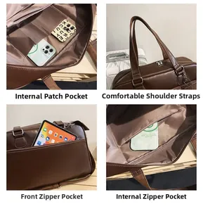 Detailed views of brown faux leather tote bag showing pockets, zipper and shoulder strap