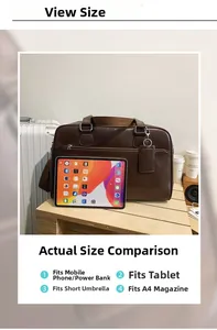 Detailed size comparison showing a brown vintage tote bag holding an iPad and magazines