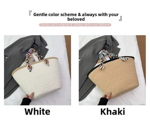Detail of woven tote bags with colorful silk scarf handles and wooden beads decoration