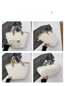 Detailed four-way view of white woven tote bag with silk scarf handle and size reference