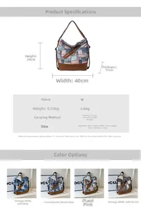 Detailed size specifications and color options chart for large canvas tote backpack