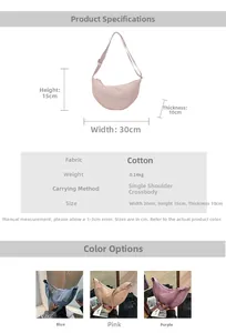 Detailed size chart and specifications for the pleated canvas crescent crossbody bag