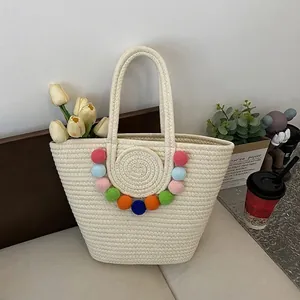 Woven Tote Bag Large Capacity With Colorful Pom Poms Vacation Style Beach Handbag For Women Summer Casual Fashion