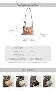 Detailed size chart and color options for the mini PU pleated bag with pearl handle