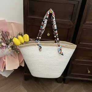 Straw Cotton Rope Woven Tote Bag Satin Scarf Wrap Handle Wood Beads Bohemian Summer Beach Vacation Large Capacity Shoulder Bag