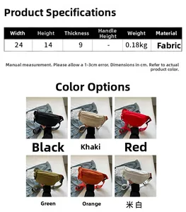 Detailed size specifications for canvas waist bag showing dimensions and six color options