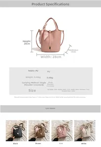 Detail view of bucket bag dimensions and silk scarf accessory with color options