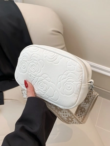Rose Embossed Crossbody Bag Women PU Leather Small Square Shoulder Bag With Wide Jacquard Geometric Strap Casual Fashion