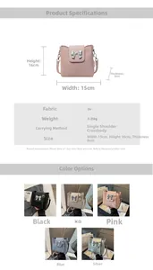 Size chart showing PU leather bucket bag dimensions 15x16x8cm and available colors