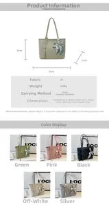 Size chart and color display of large capacity PU tote bags with silk scarf detail