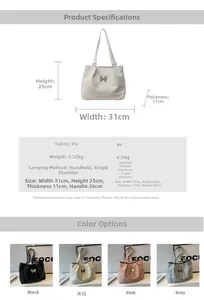 Detailed infographic showing PU tote bag dimensions, material specs, and color options