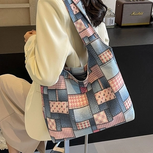 Vintage patchwork canvas tote bag with pink floral and blue denim panels for women