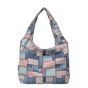 Patchwork canvas tote bag with floral and denim textures for women casual daily use