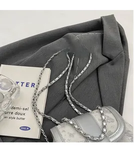 Detailed view of silver butterfly pattern texture and metallic chain strap on shoulder bag