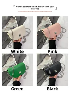 Mini chain saddle bag detail in white, pink, green, and black leather options