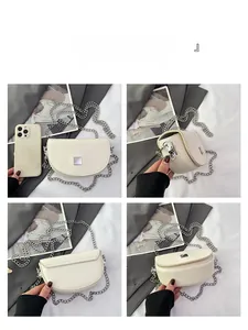 Four perspectives of cream saddle bag featuring silver square buckle and metal chain strap