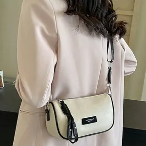 Women PU Leather Cylinder Boston Bag Wide Letter Printed Strap Contrast Edge Street Style Shoulder Crossbody Handbag