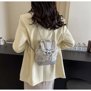 Detailed view of silver butterfly mini backpack with metal chain and rotary clasp closure