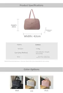 Detaillierte technische Zeichnung der Canvas-Reisetasche mit Maßen und Farbauswahl
