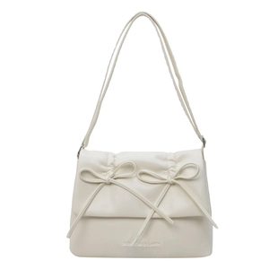 Sac bandoulière blanc cassé avec double nœud élégant et texture en cuir pour femmes