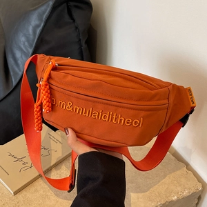 Premium orange nylon crossbody waist bag with embroidered letters and braided zipper puller