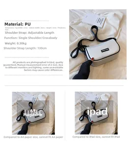 Detailed dimensions of white PU crossbody bag with contrast trim and jacquard strap