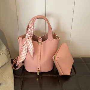 Women Pebbled PU Leather Bucket Bag Satin Scarf Gold Lock Elegant Handbag Shoulder Crossbody Bag And Small Pouch