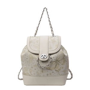 Chic cream mini backpack with gold butterfly print and leather woven chain straps