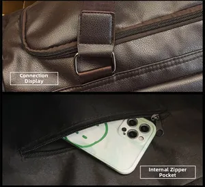 Detail of dark brown leather travel bag showing metal rings and internal zipper pocket