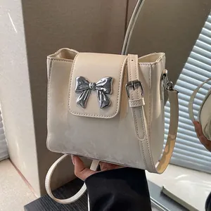 Women Bucket Bag PU Leather Bow Metallic Decor Crossbody Shoulder Mini Square Fashion Versatile Handbag
