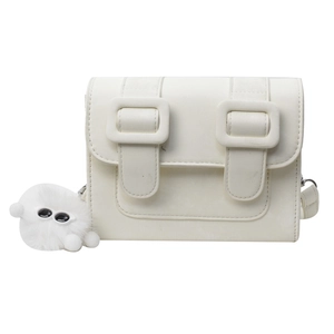 White leather crossbody square bag with twin buckles and cute plush ball pendant