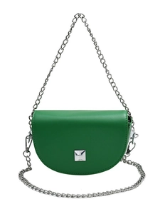 Mini green PU leather saddle bag with silver chain strap and metal stud on white background