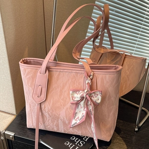 Pink pleated tote bag with fashion scarf accessory and double top handles for women