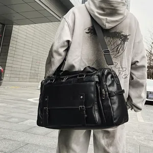 Large Capacity PU Leather Travel Duffel Bag Multi Pocket Handbag Business Trip Sports Gym Weekend Bag