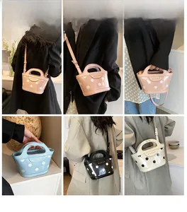 Polka dot crossbody bucket bag for women showing multiple colors and styling details