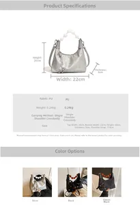 Size chart showing PU leather Boston bag dimensions 22x20x8cm and pearl handle detail
