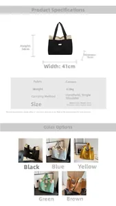 Detailed size chart and multi-color options for the large canvas tote bag showing dimensions
