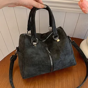 Women Retro Shoulder Bag Frosted PU Leather Large Capacity Tote Vertical Metal Zipper Decor Casual Handbag Commuting