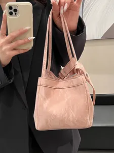 Borsa Secchiello Donna Pelle PU Lucida Trama Marmo Pieghettata Borsa Tracolla Mano Piccola Mini Elegante Moda