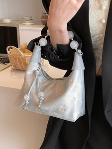 Women Underarm Shoulder Bag PU Leather Floral Embroidery Resin Bead Handle Korean Style Elegant Fashion Handbag